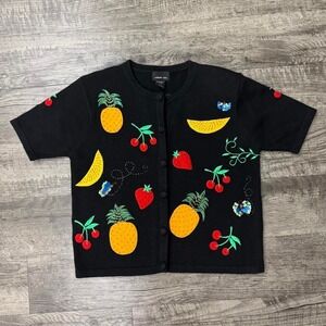 Vintage Morgan Cole Embroidered Beaded Fruit Short Sleeve Cardigan Sweater Sz S